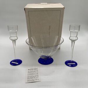 Vintage International Silver Company Crystal Glass Blue Candlesticks and Bowl